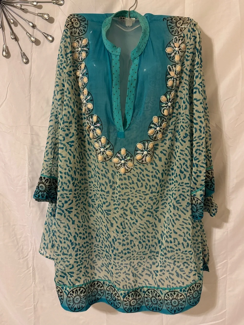 Turquoise Hand Beaded Women's Swim Coverup Size 2X - Picture 7 of 9